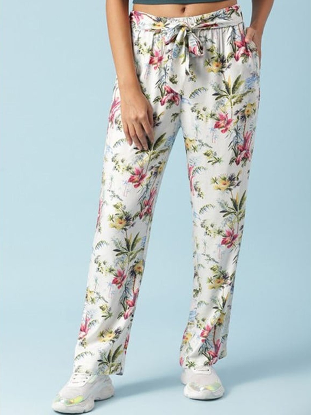 

Aila Women Mid-Rise Floral Printed Trouser, White