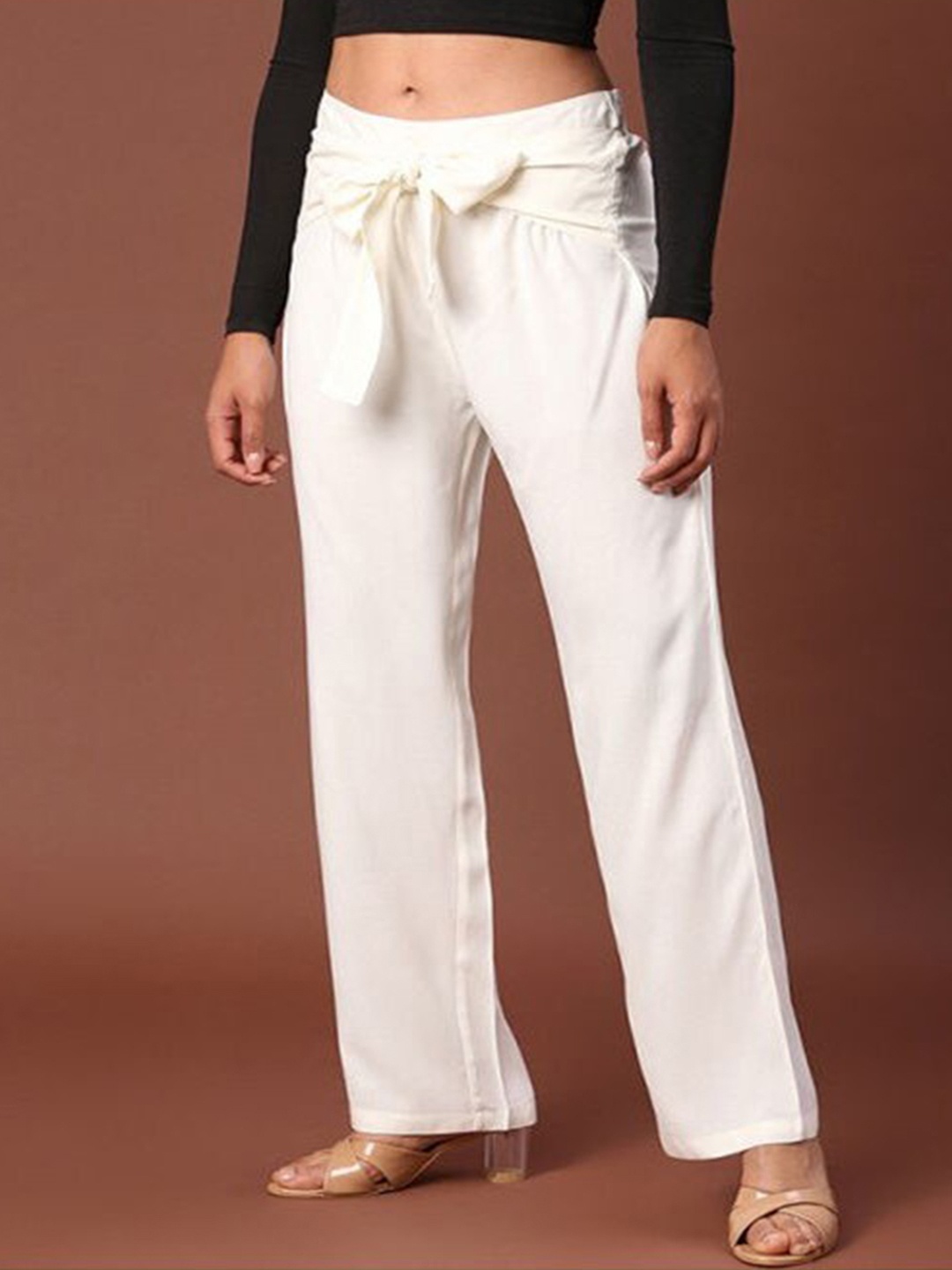 

Aila Women Regular Fir Belted Mid-Rise Trousers, White