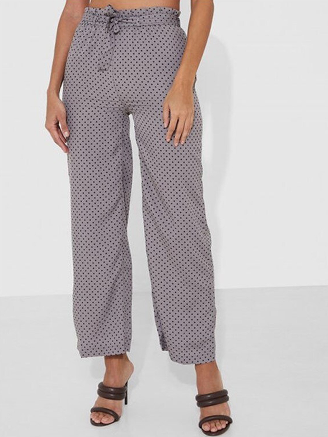 

Aila Women Polka Dots Printed Mid Rise Trousers, Grey