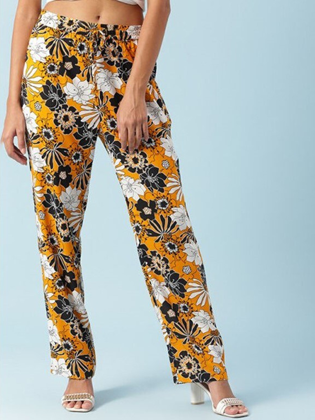 

Aila Women Floral Printed Mid Rise Trouser, Mustard