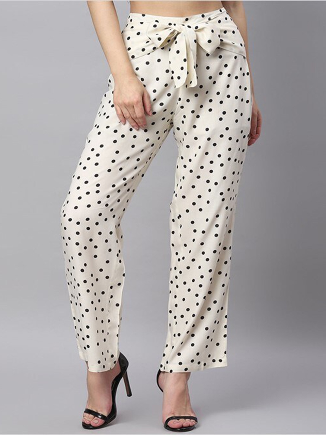 

Aila Women Mid Rise Polka Dots Printed Easy Wash Trousers, White