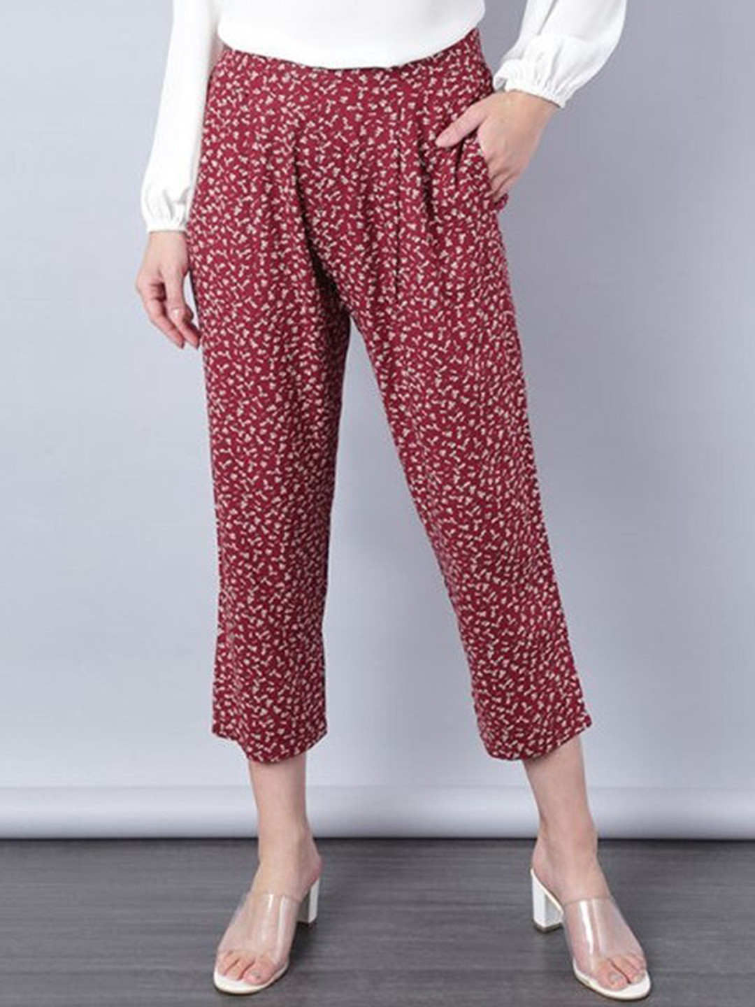 

Aila Women Floral Printed Pleated Cropped Peg Trousers, Maroon