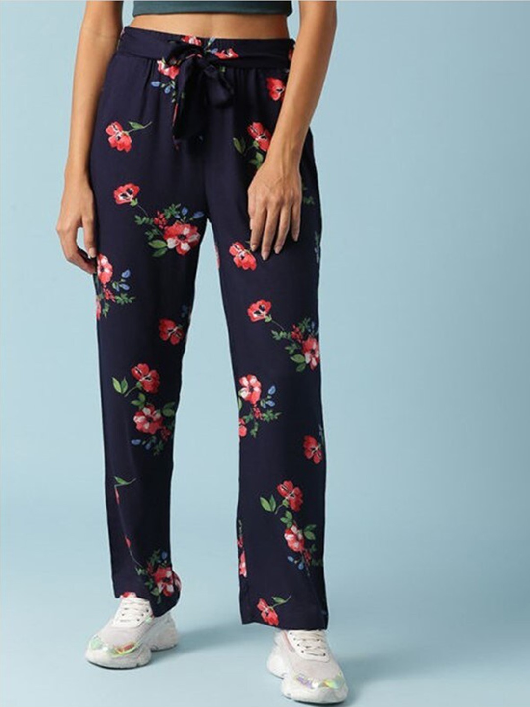 

Aila Women Floral Printed Loose Fit Easy Wash Trousers, Navy blue