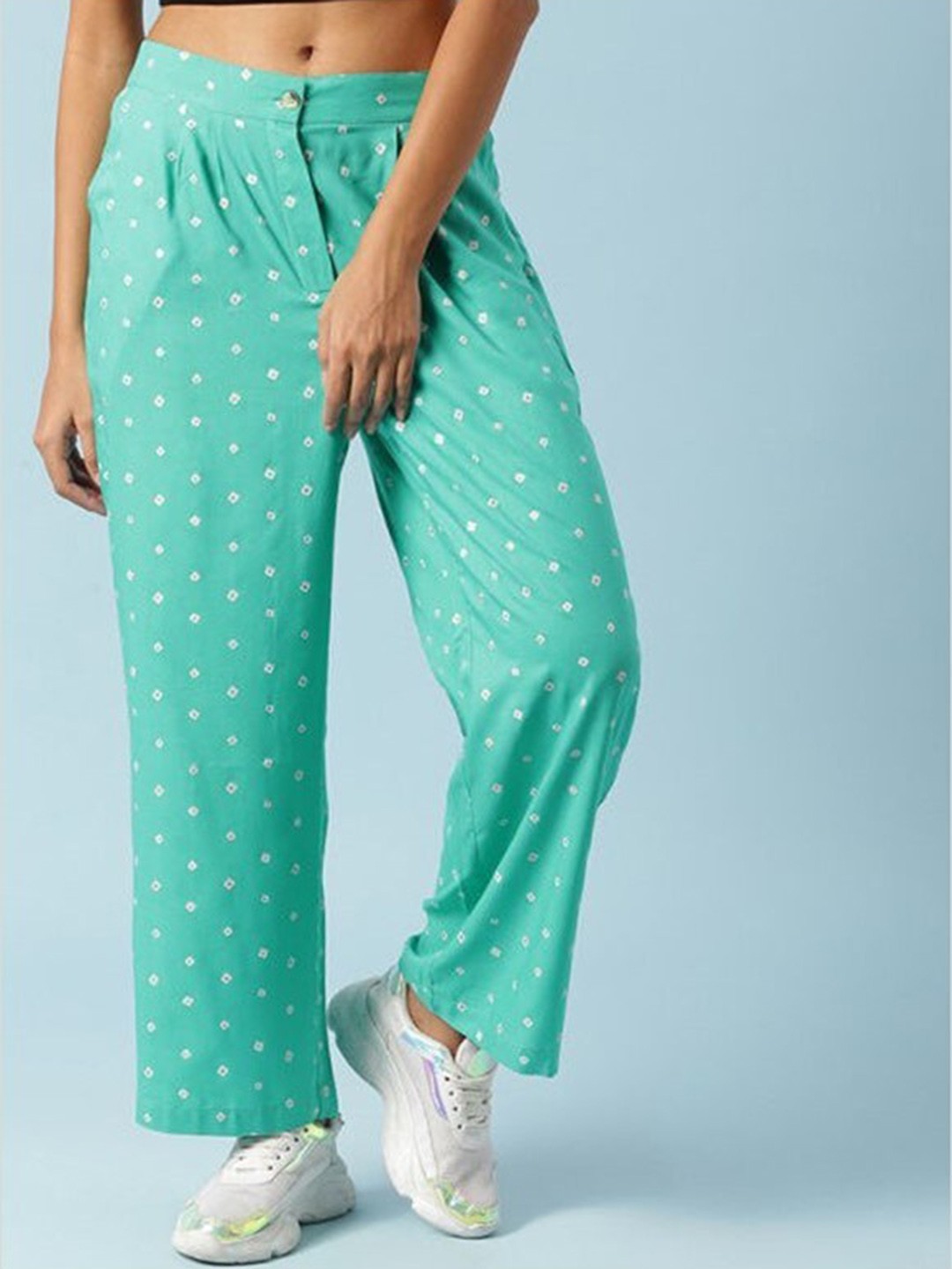 

Aila Women Geometric Printed Trousers, Sea green