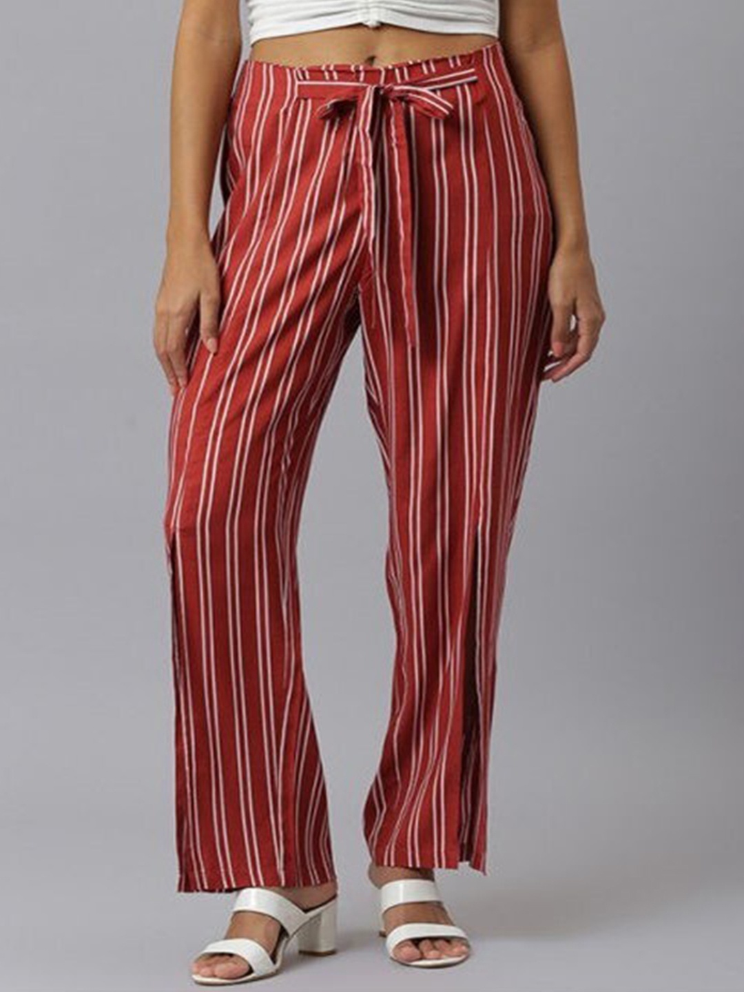 

Aila Women Striped Front Slit Parallel Trouser, Red