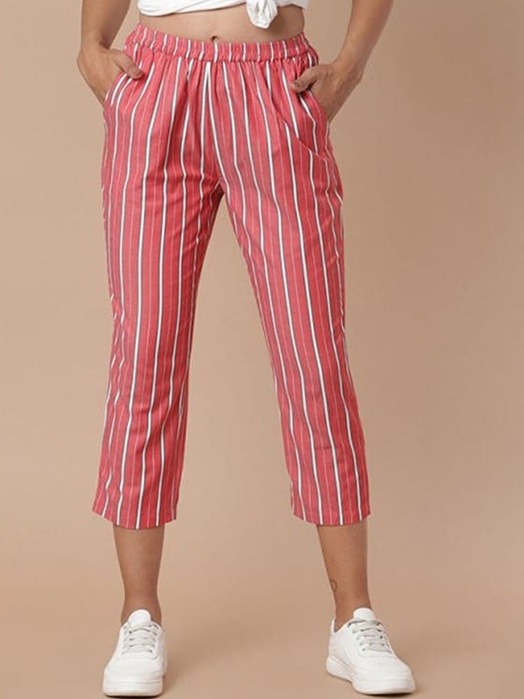 

Aila Women Vertical Striped Three-Fourth Trousers, Red