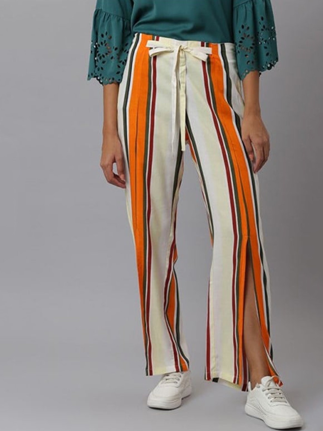 

Aila Women Striped Mid Rise Track Pants, Orange