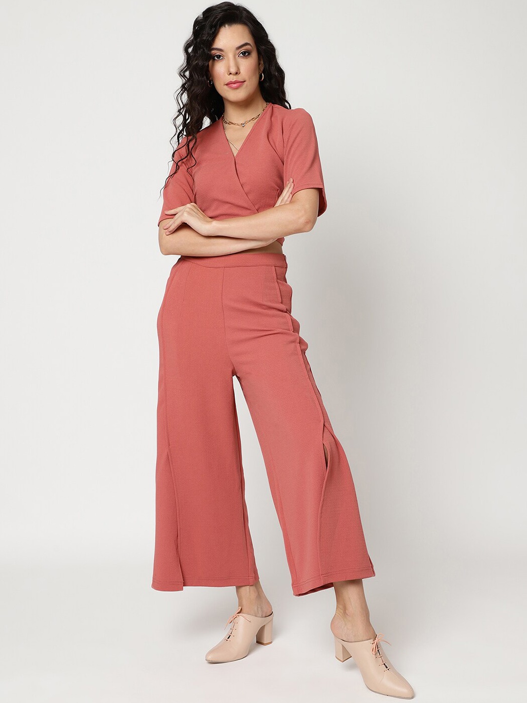 

Zima Leto V-Neck Top With Palazzo, Pink