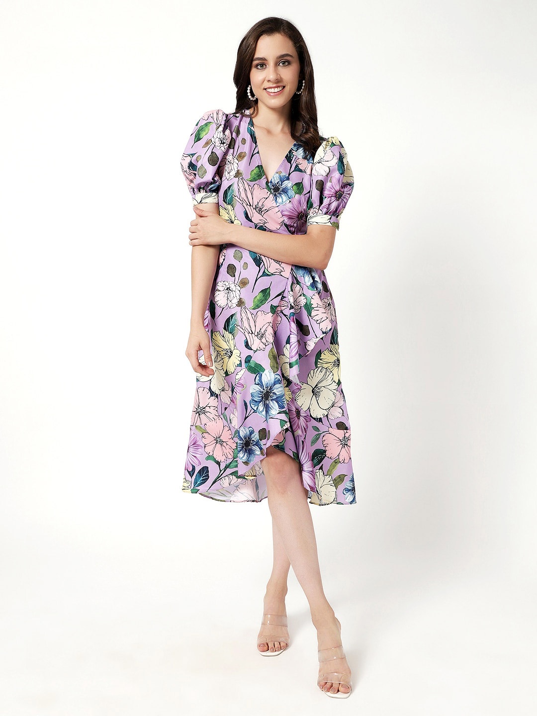 

Zima Leto Floral Printed Puff Sleeves High-Low Wrap Midi Dress, Lavender
