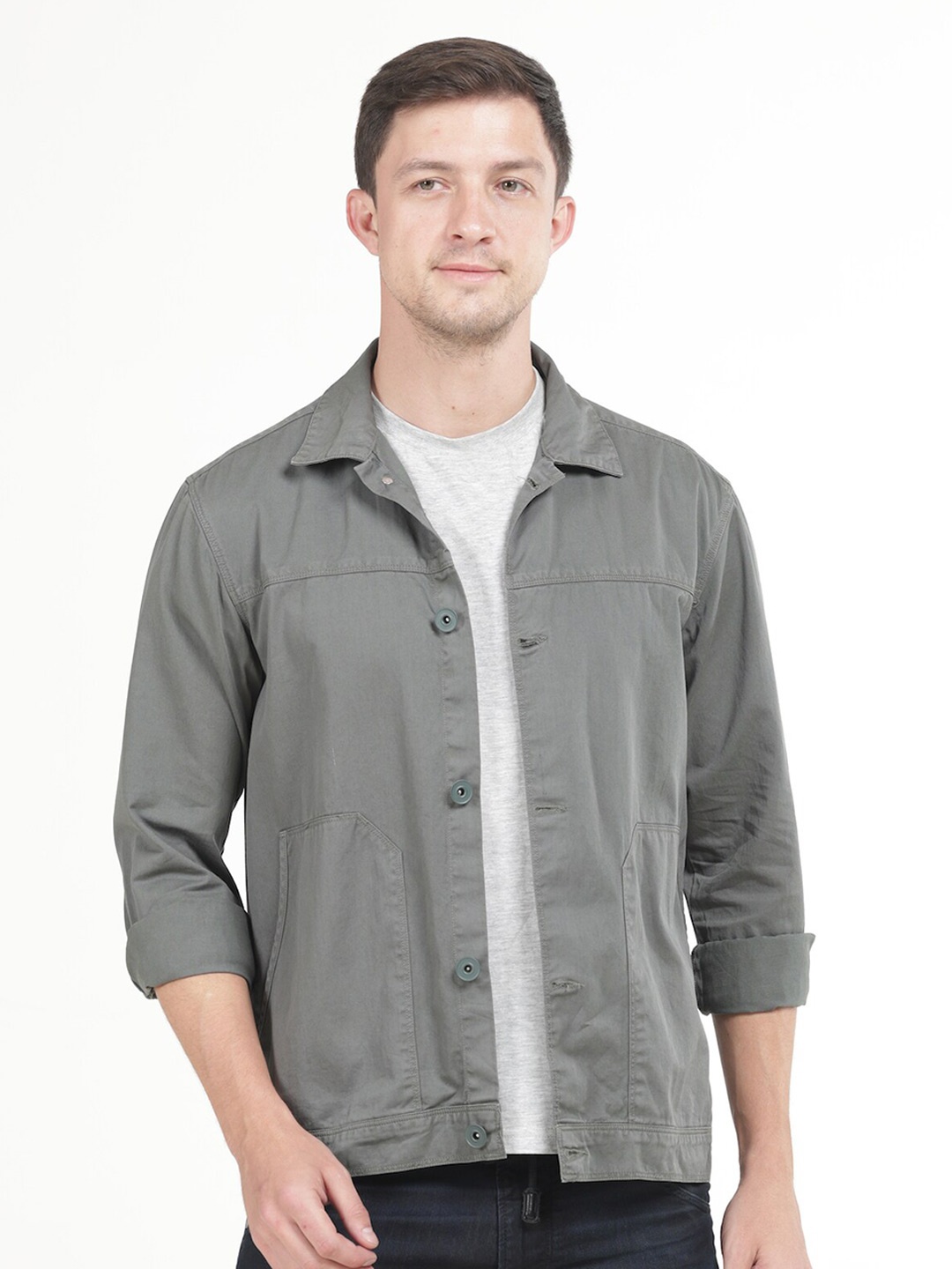 

POE Smart Slim Fit Spread Collar Pure Cotton Shackets, Olive