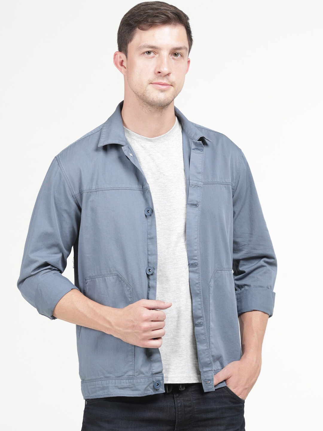 

POE Smart Slim Fit Spread Collar Pure Cotton Shackets, Blue
