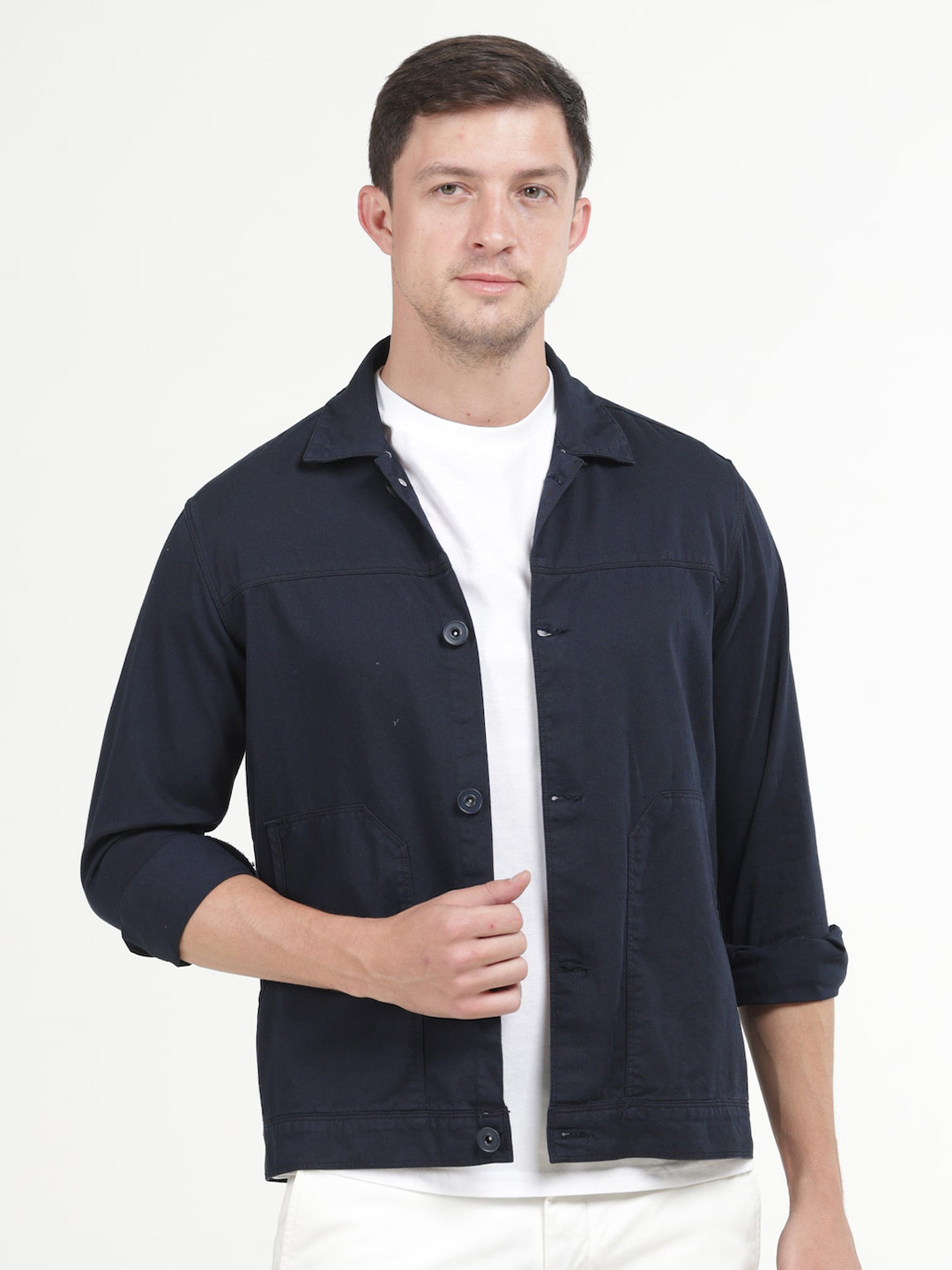 

POE Smart Slim Fit Spread Collar Pure Cotton Shackets, Navy blue