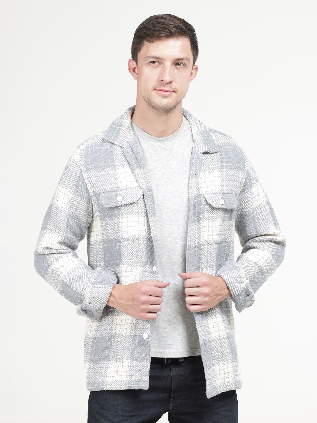 

POE Smart Tartan Checks Slim Fit Pure Cotton Shackets, Blue