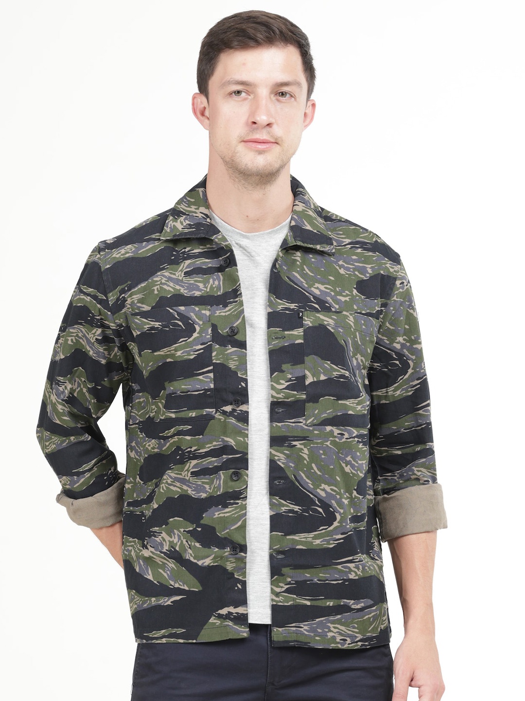 

POE Smart Slim Fit Camouflage Printed Pure Cotton Casual Shirt, Green