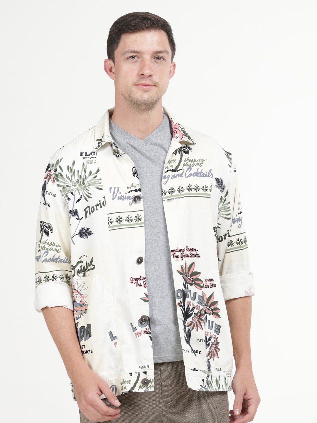 

POE Smart Floral Printed Slim Fit Pure Cotton Shackets, Green