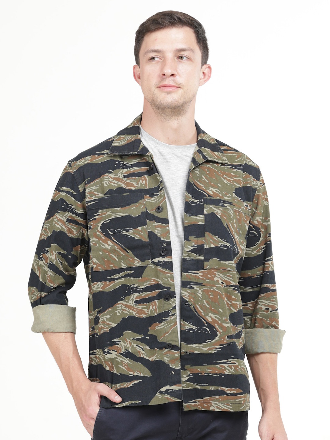 

POE Smart Abstract Printed Slim Fit Pure Cotton Shackets, Brown