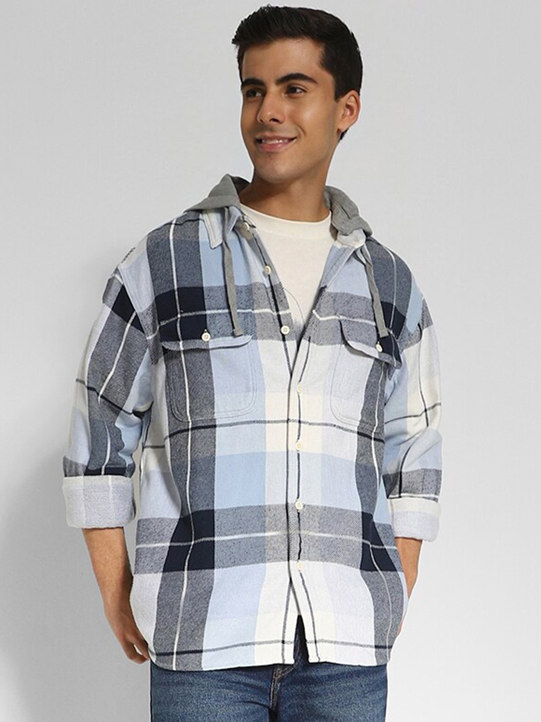 

AMERICAN EAGLE OUTFITTERS Checked Hooded Flannel Pure Cotton Casual Shacket, Blue