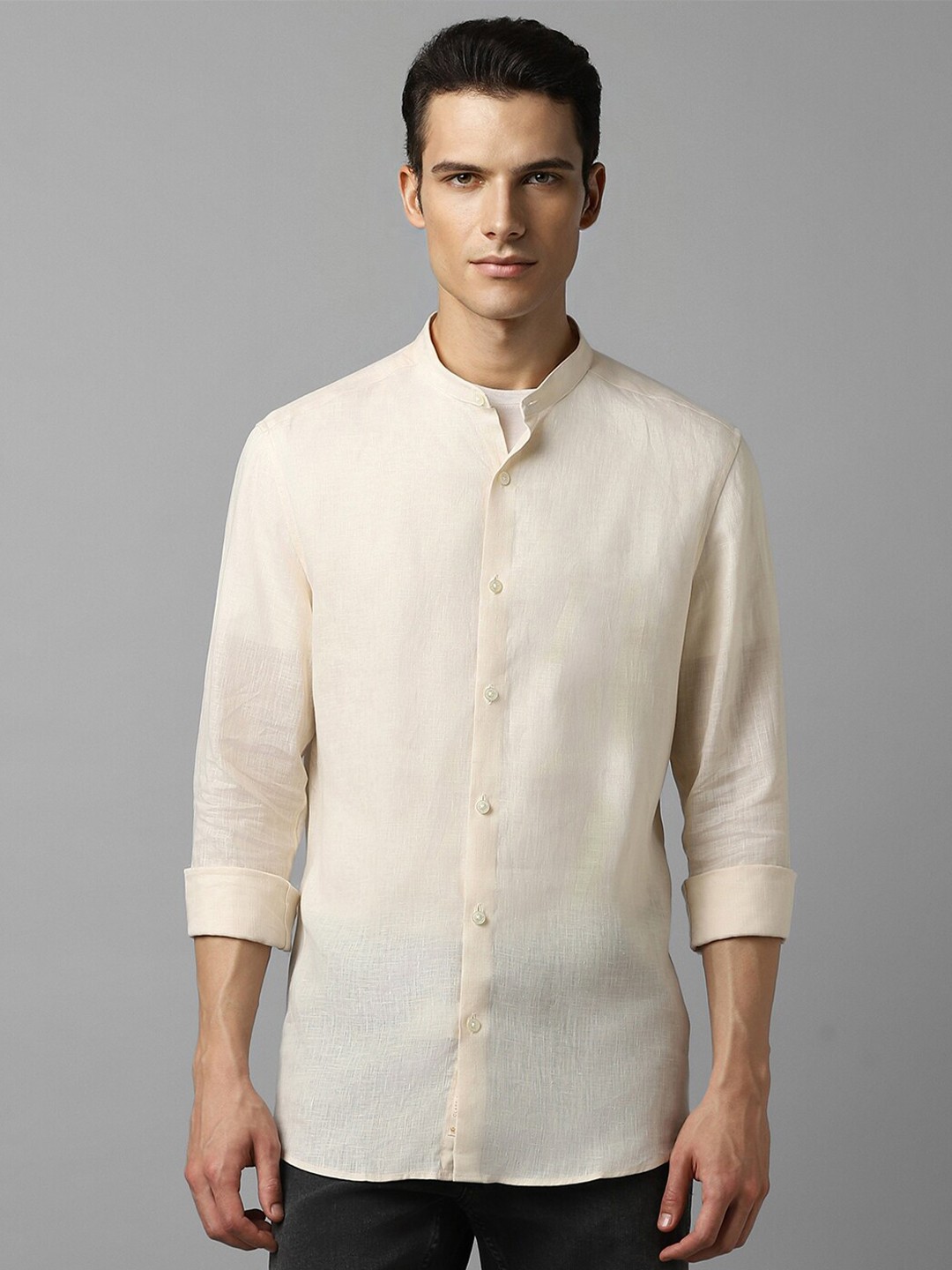 

Louis Philippe Mandarin Collar Linen Casual Shirt, Beige