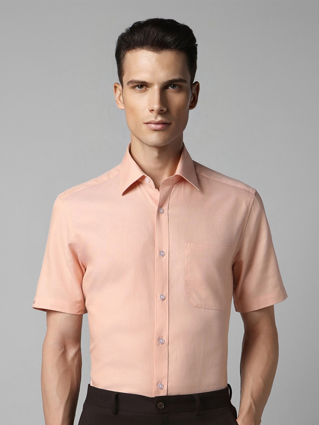 

Louis Philippe Textured Short Sleeves Pure Cotton Formal Shirt, Peach