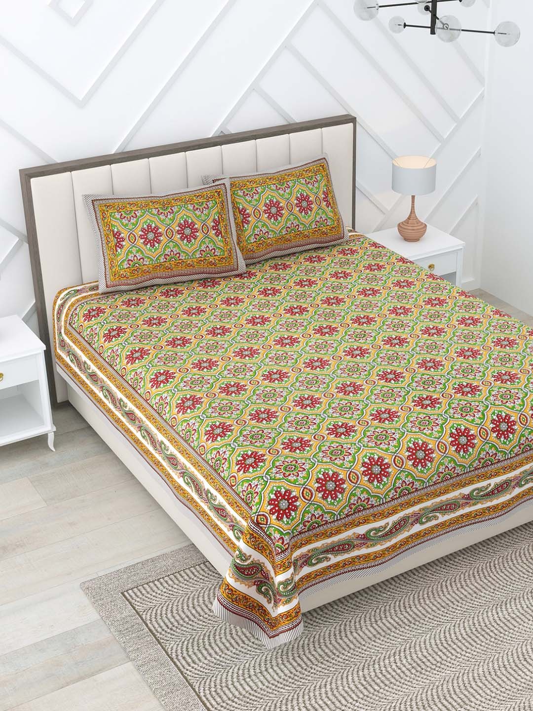 

Rajasthanikart Green Floral Pure Cotton 144 TC King Bedsheet with 2 Pillow Covers