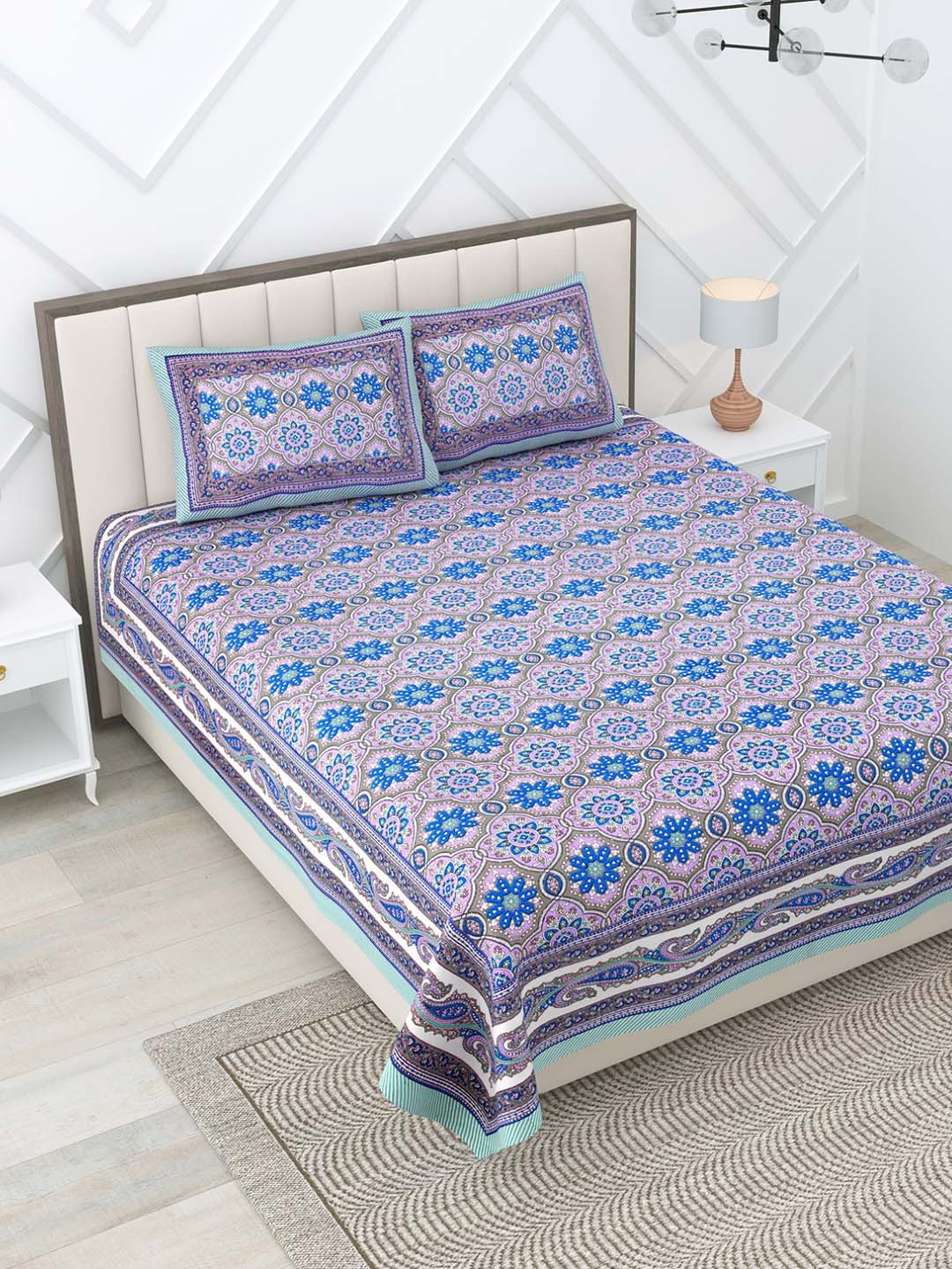 

Rajasthanikart Blue Floral Pure Cotton 144 TC King Bedsheet with 2 Pillow Covers