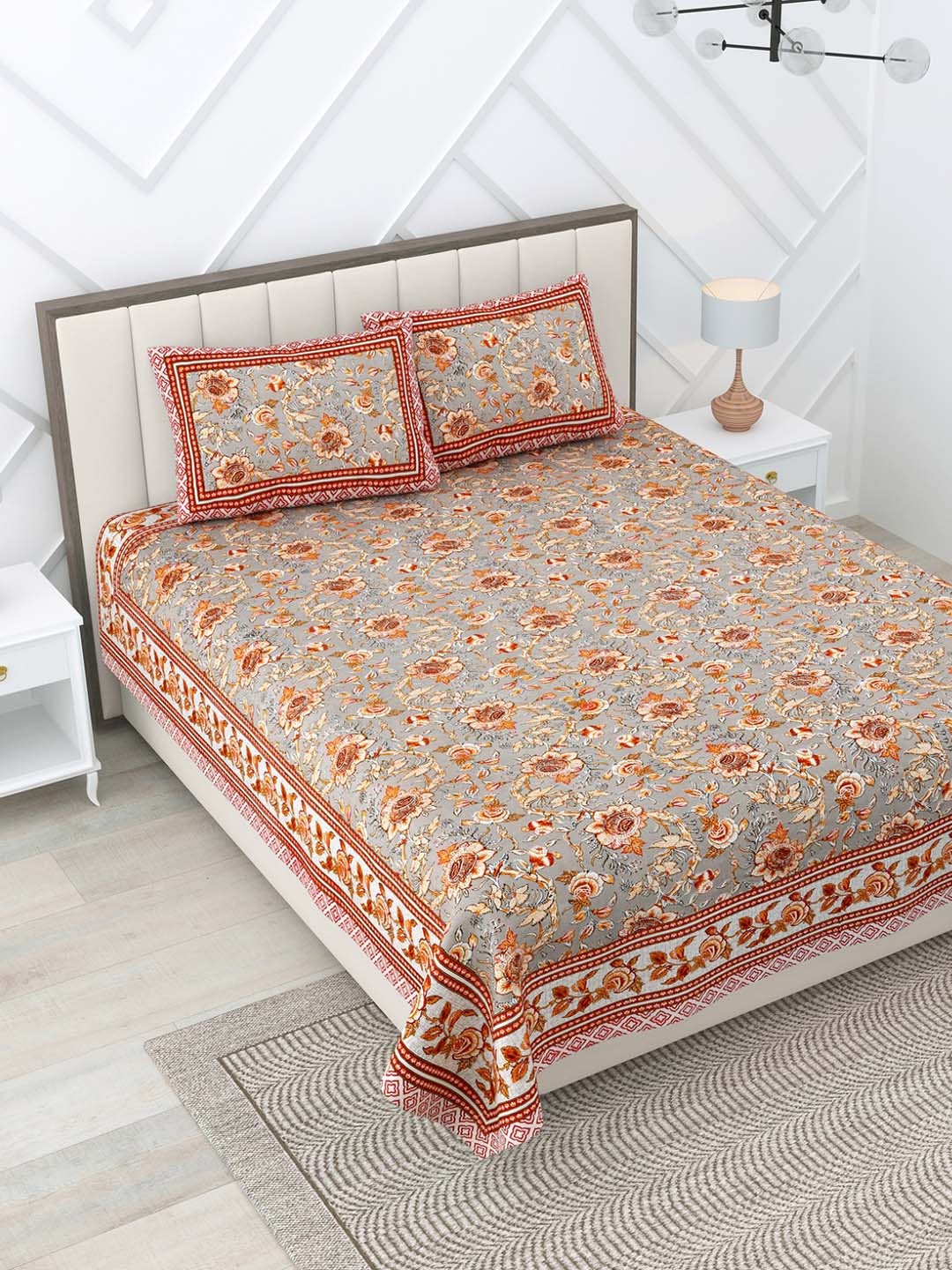 

Rajasthanikart Red & Brown Floral Pure Cotton 144 TC King Bedsheet & 2 Pillow Covers