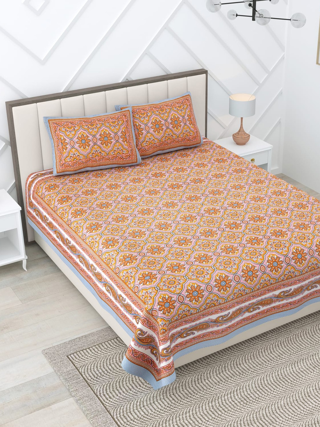 

Rajasthanikart Yellow & Orange Floral Pure Cotton 144 TC King Bedsheet & 2 Pillow Covers