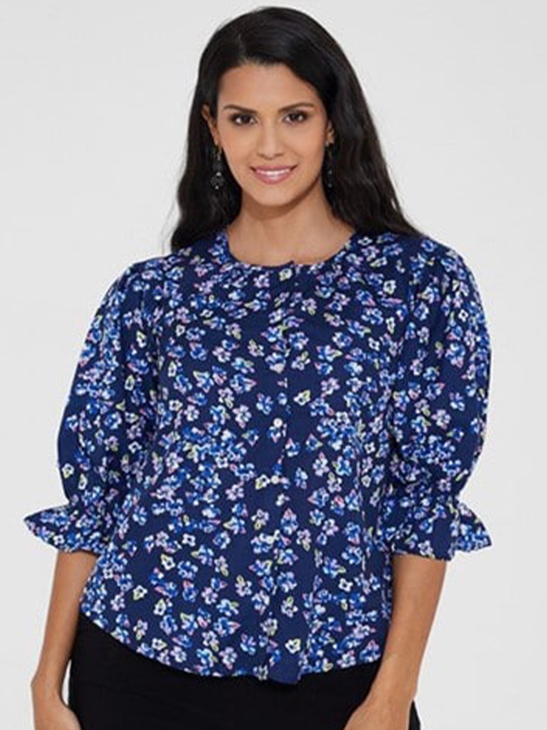 

Aila Floral Print Puff Sleeve Cotton Top, Blue