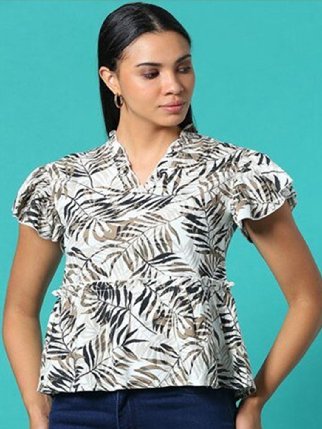 

Aila Tropical Printed V-Neck Flared Sleeves Top, Off white