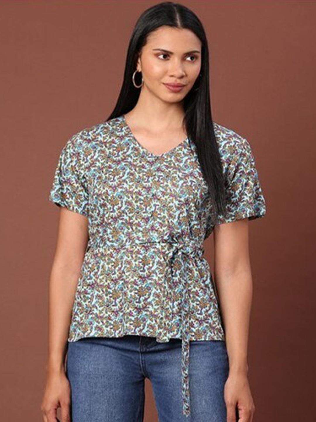 

Aila Floral Printed V-Neck Waist Tie-Up Cotton A-Line Top, Turquoise blue