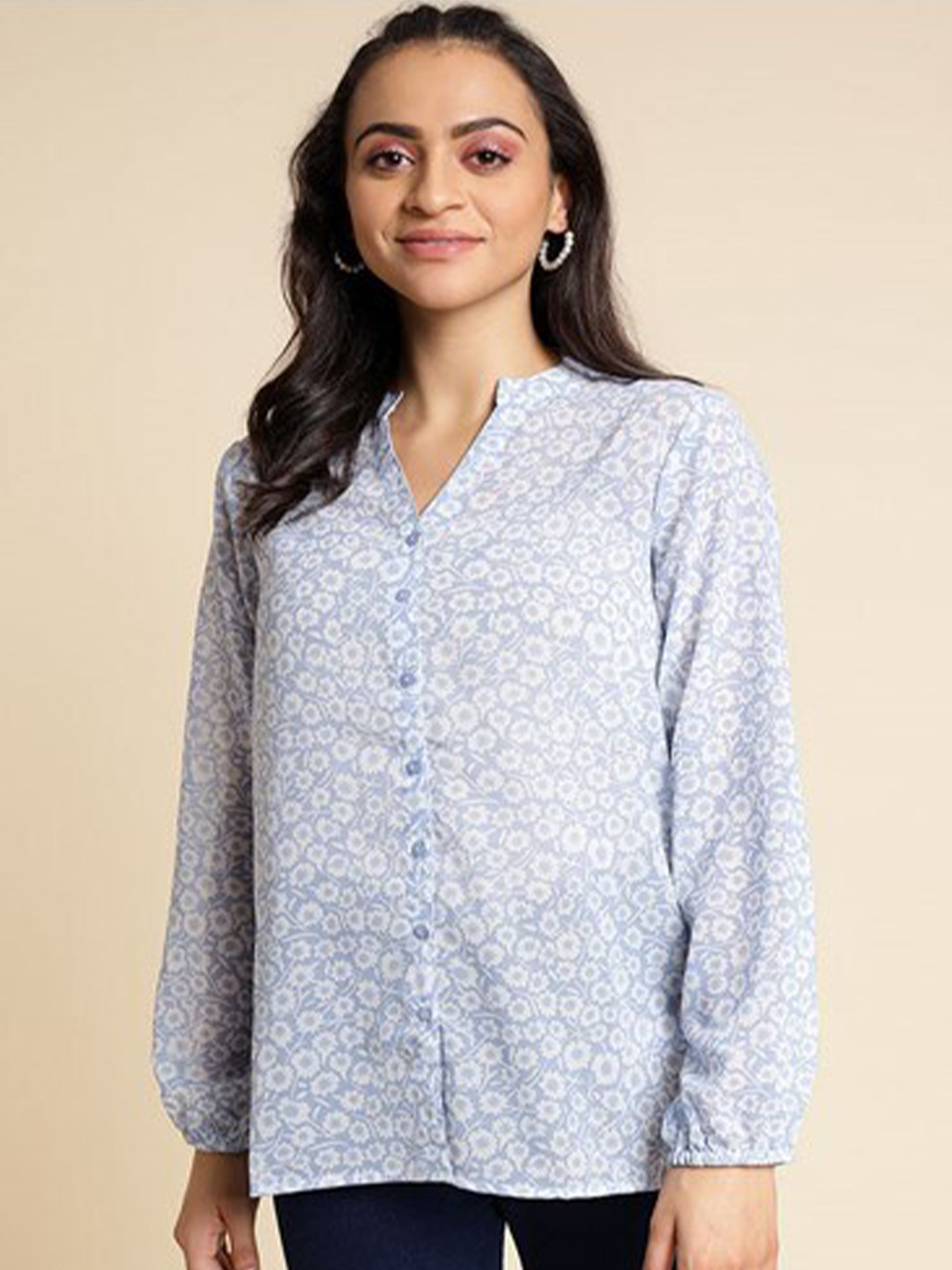 

Aila Floral Printed Mandarin Collar Cotton Shirt Style Top, Blue