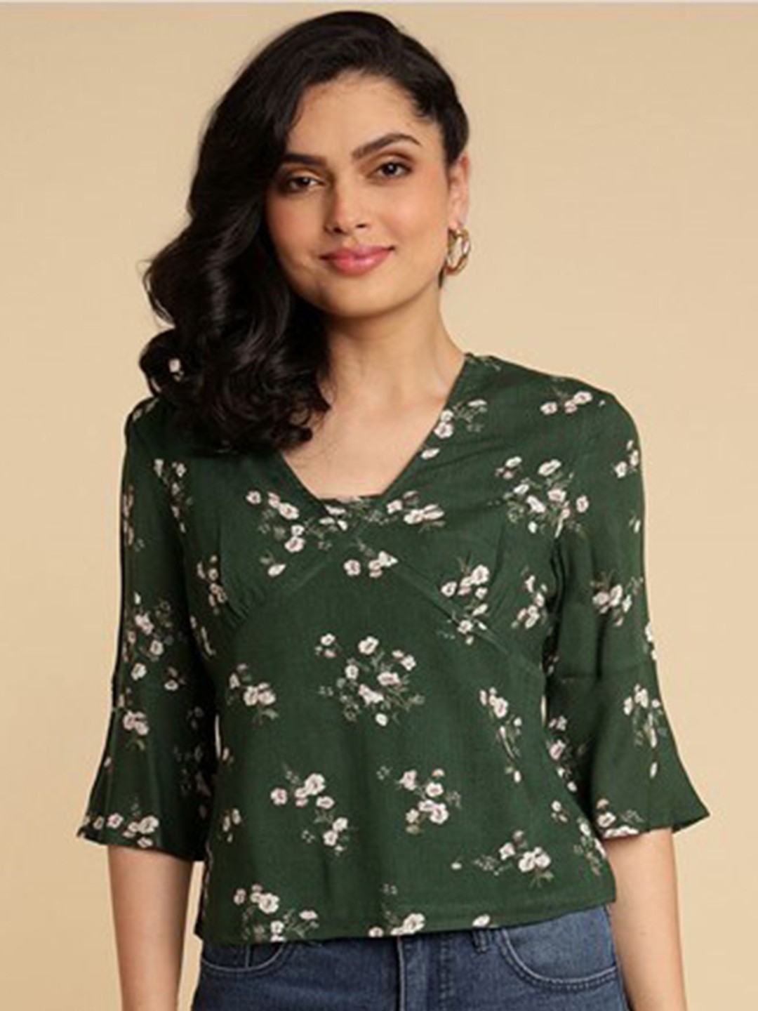 

Aila Floral Printed Cotton Empire Top, Green