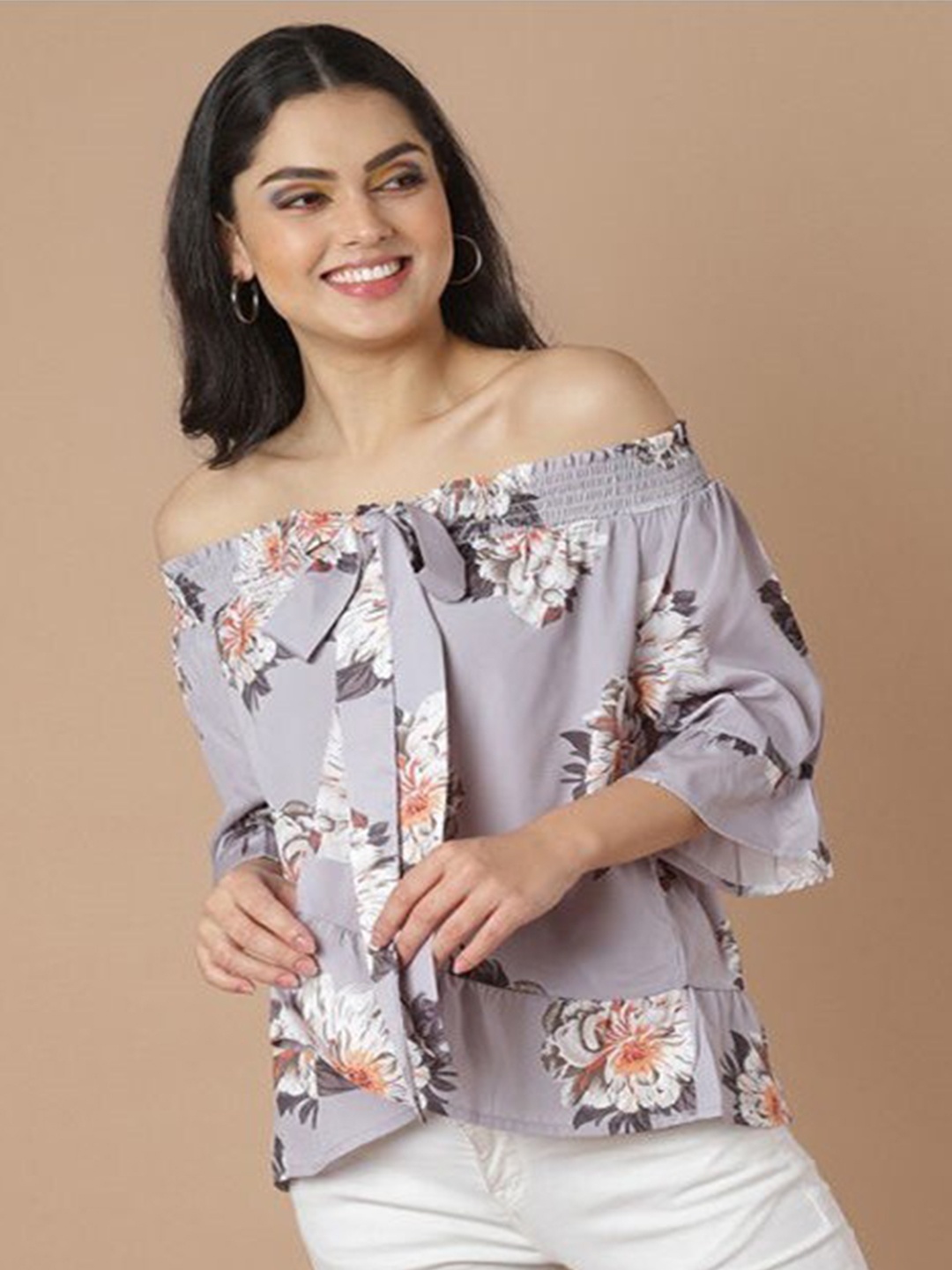 

Aila Floral Printed Off-Shoulder Cotton Top, Grey