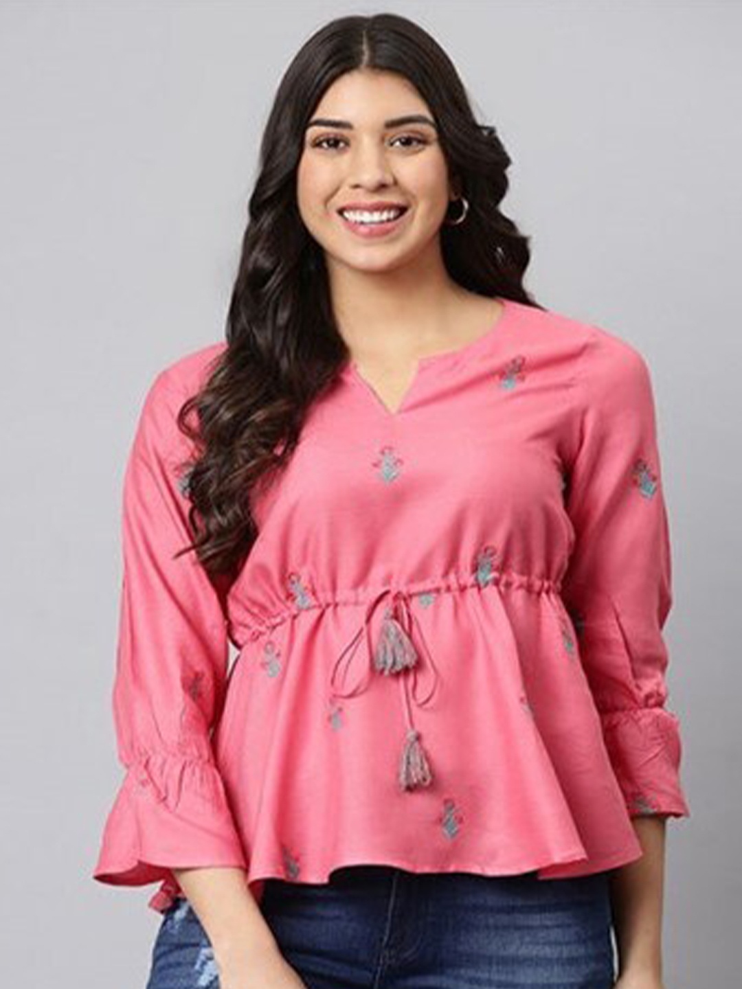 

Aila Floral Printed V-Neck Bell Sleeves Cinched Waist Top, Pink