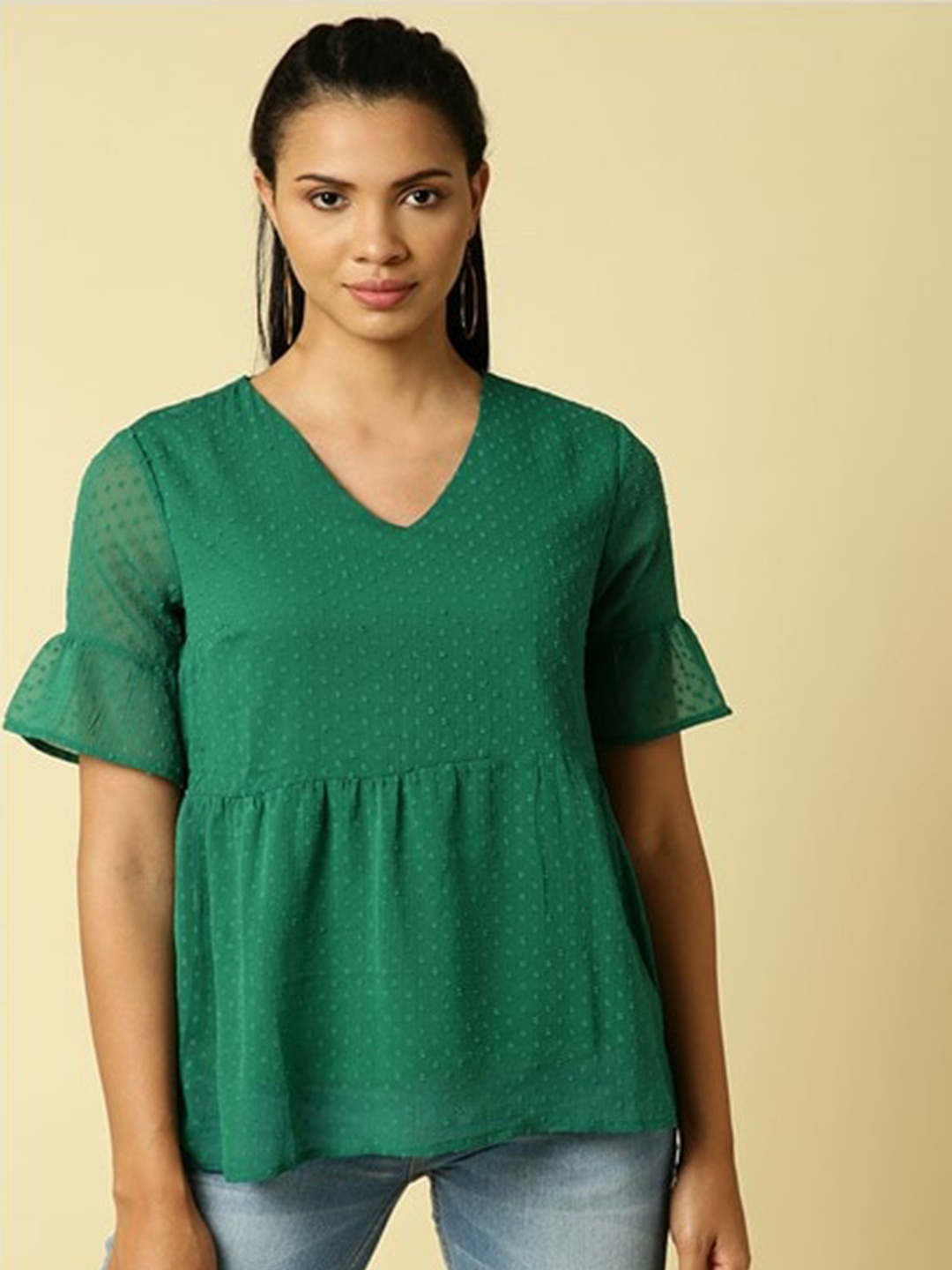 

Aila Self Design Bell Sleeves Peplum Top, Green