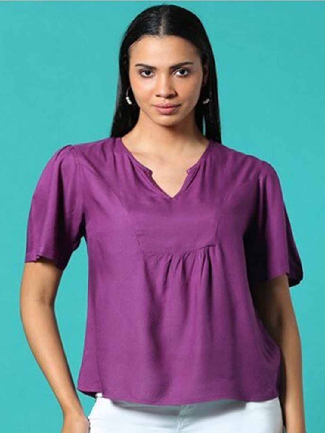 

Aila Magenta V-Neck Flared Sleeves Cotton Top