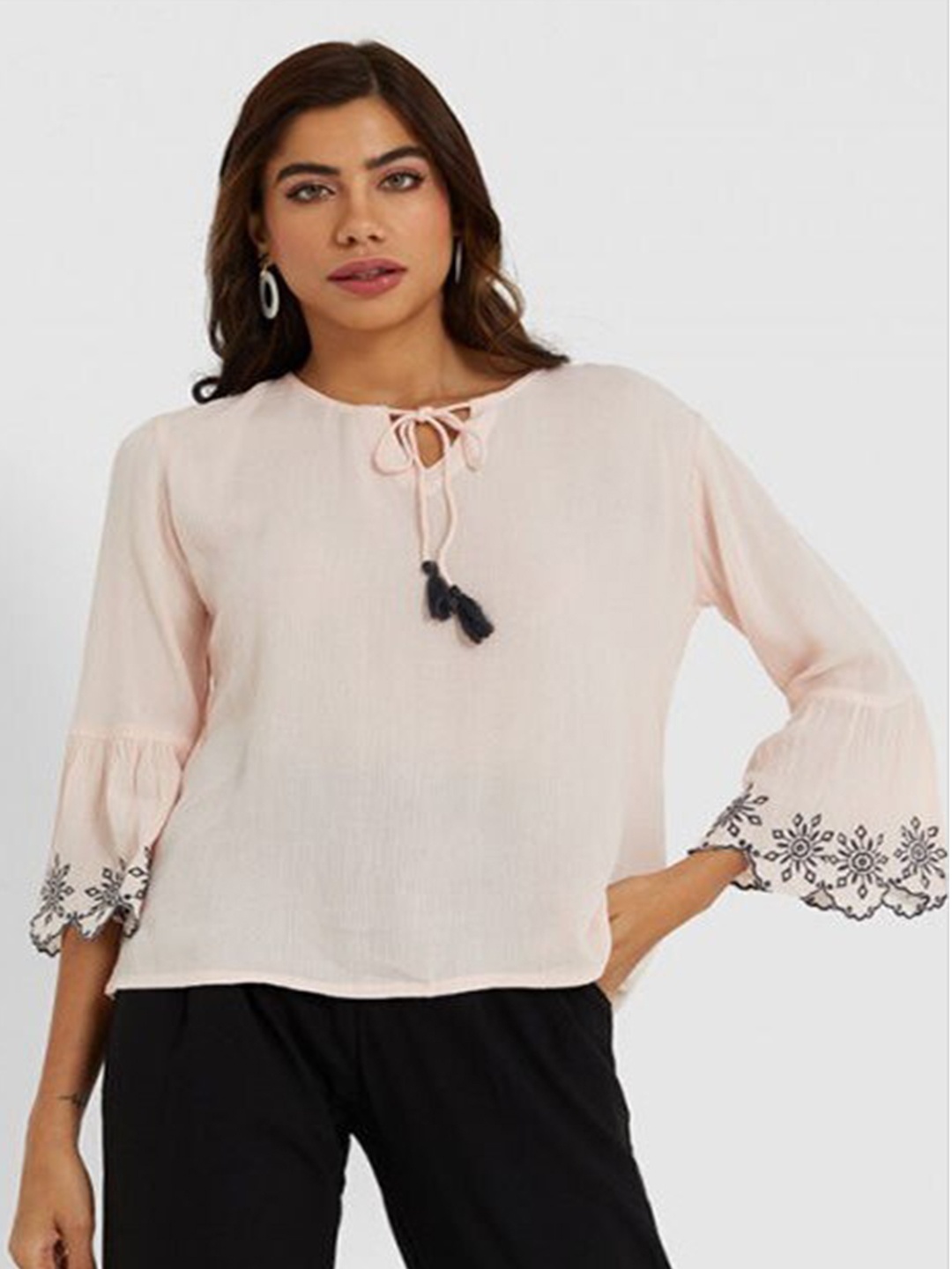 

Aila Tie-Up Neck Bell Sleeves Cotton Top, Pink