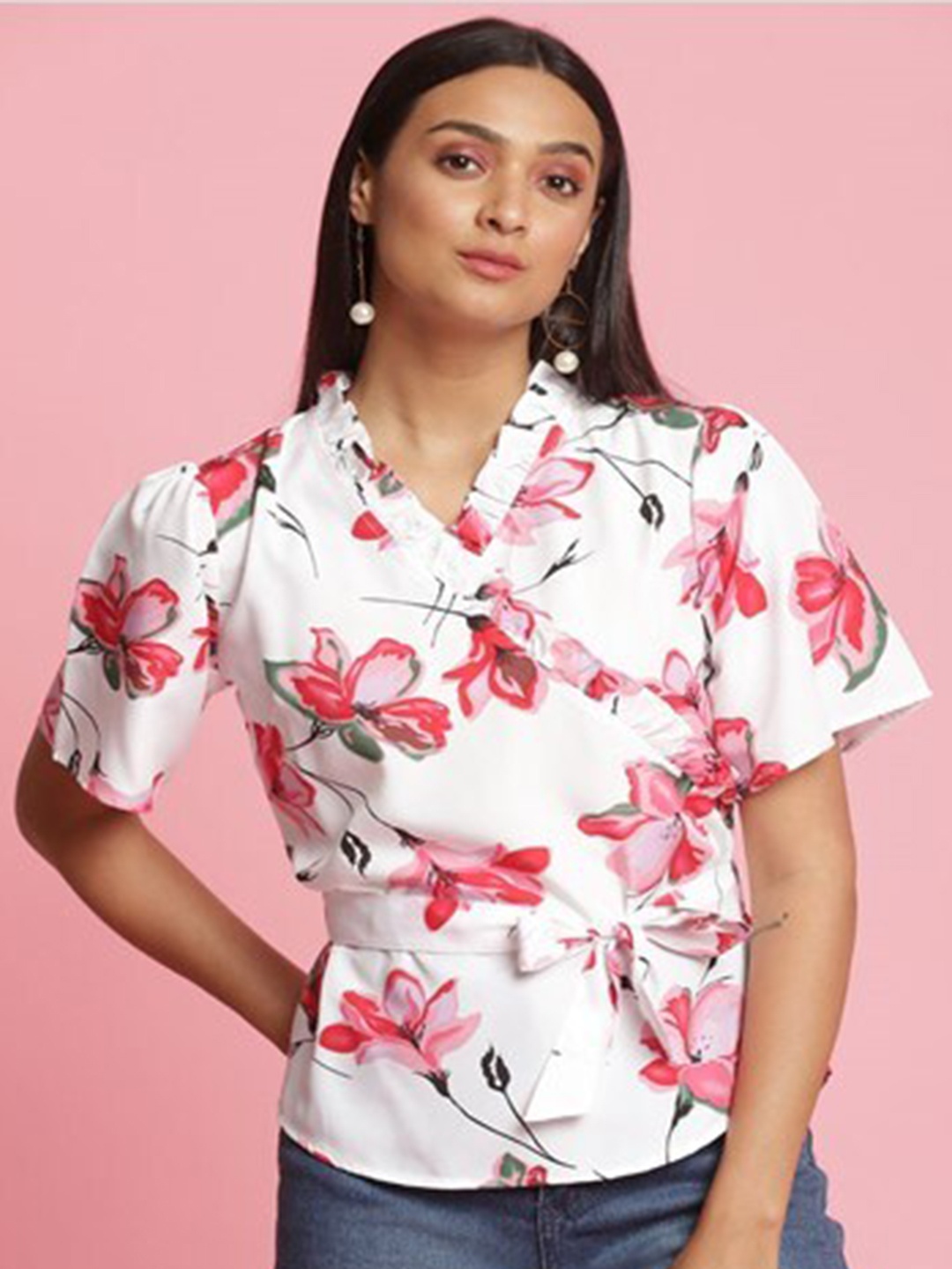

Aila Floral Printed Flared Sleeves Wrap Top, White