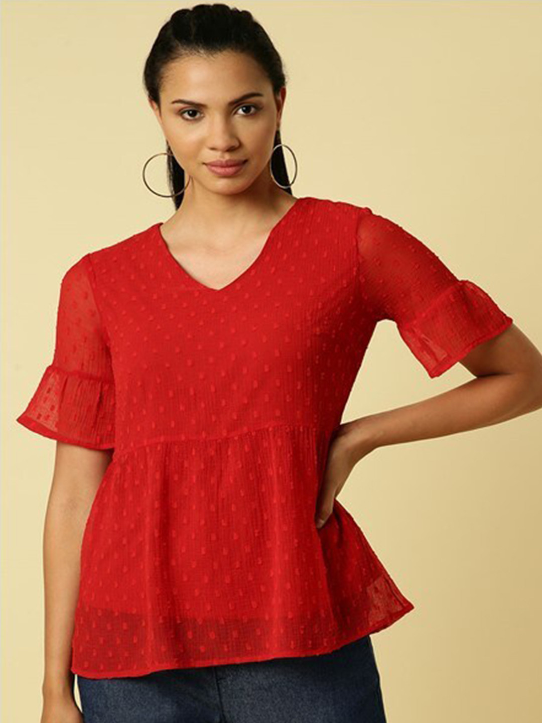 

Aila Self Design V-Neck Bell Sleeves Cotton Top, Red
