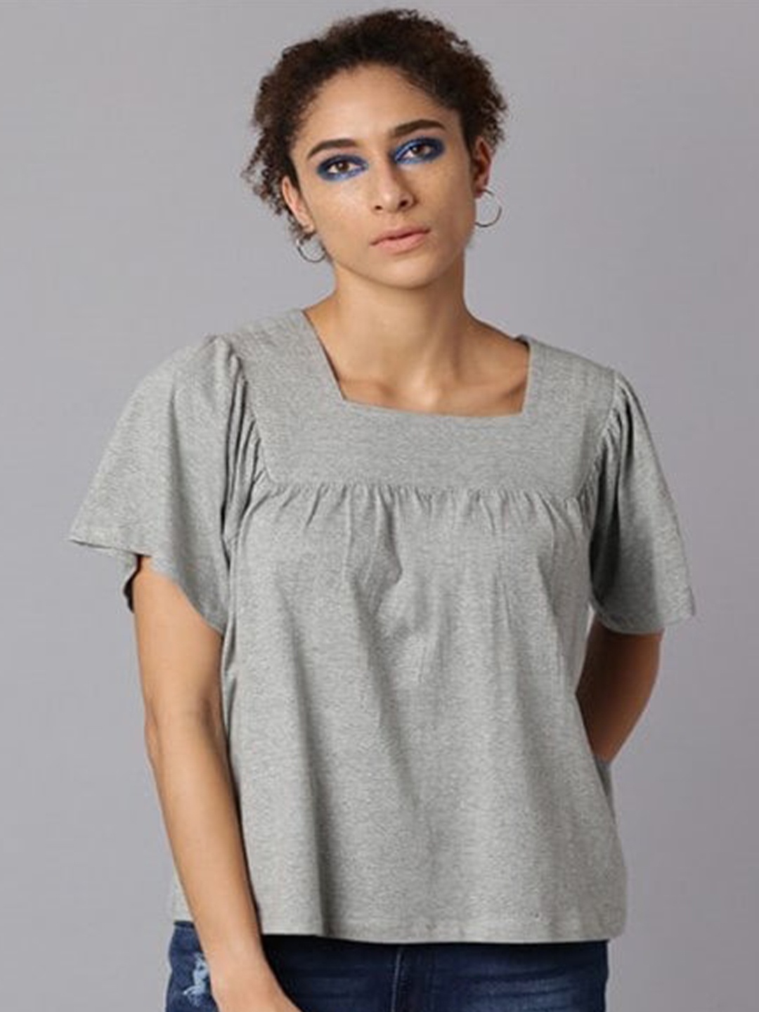 

Aila Square Neck Flared Sleeves Cotton Regular Top, Grey