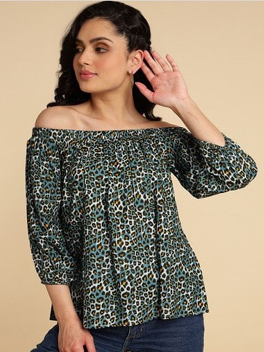 

Aila Animal Printed Off-Shoulder Cuffed Sleeves Cotton Top, Black