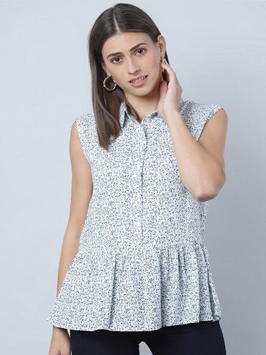 

Aila Floral Printed Cotton Peplum Top, Multi