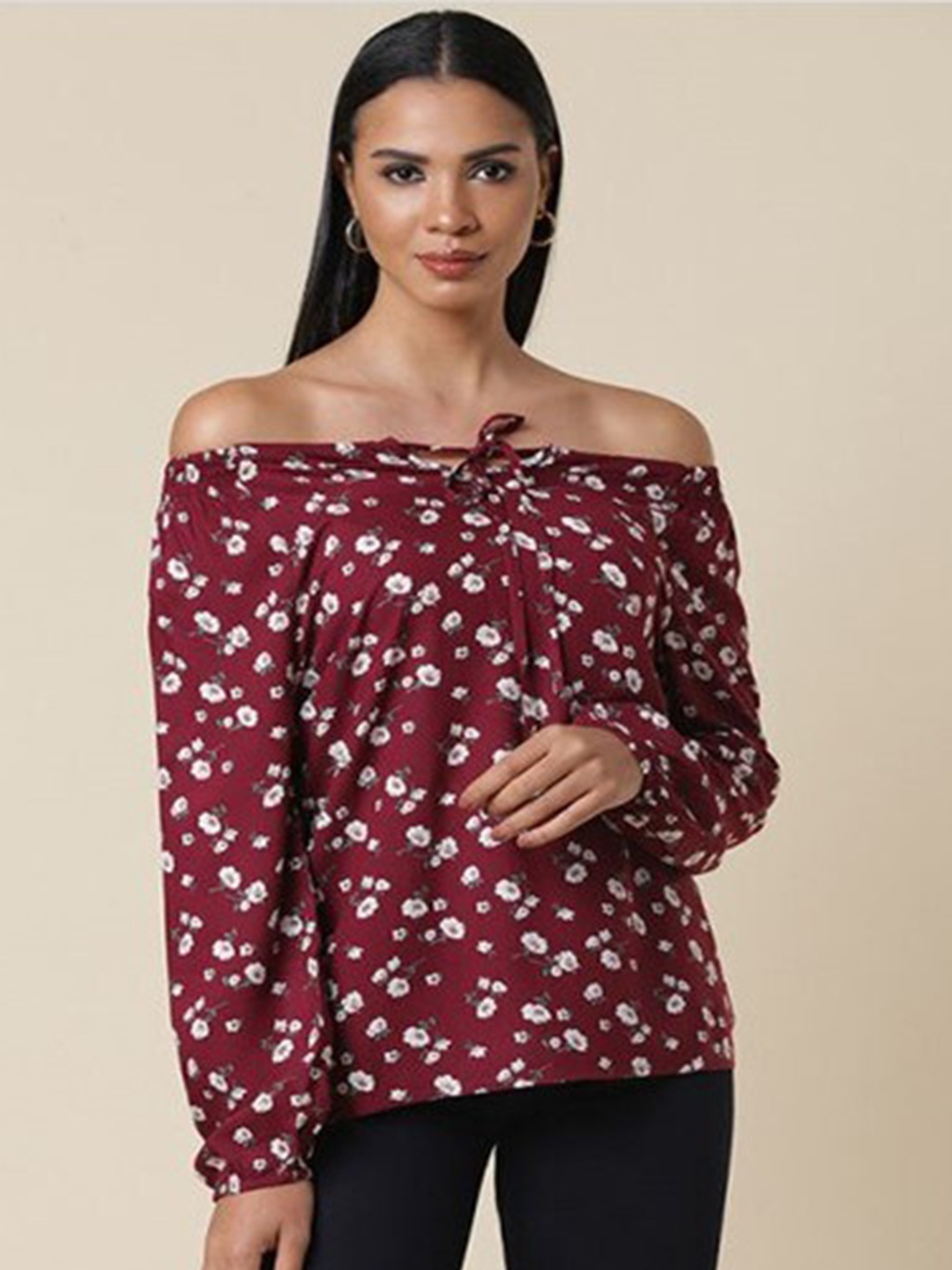 

Aila Floral Printed Off-Shoulder Bardot Cotton Top, Maroon