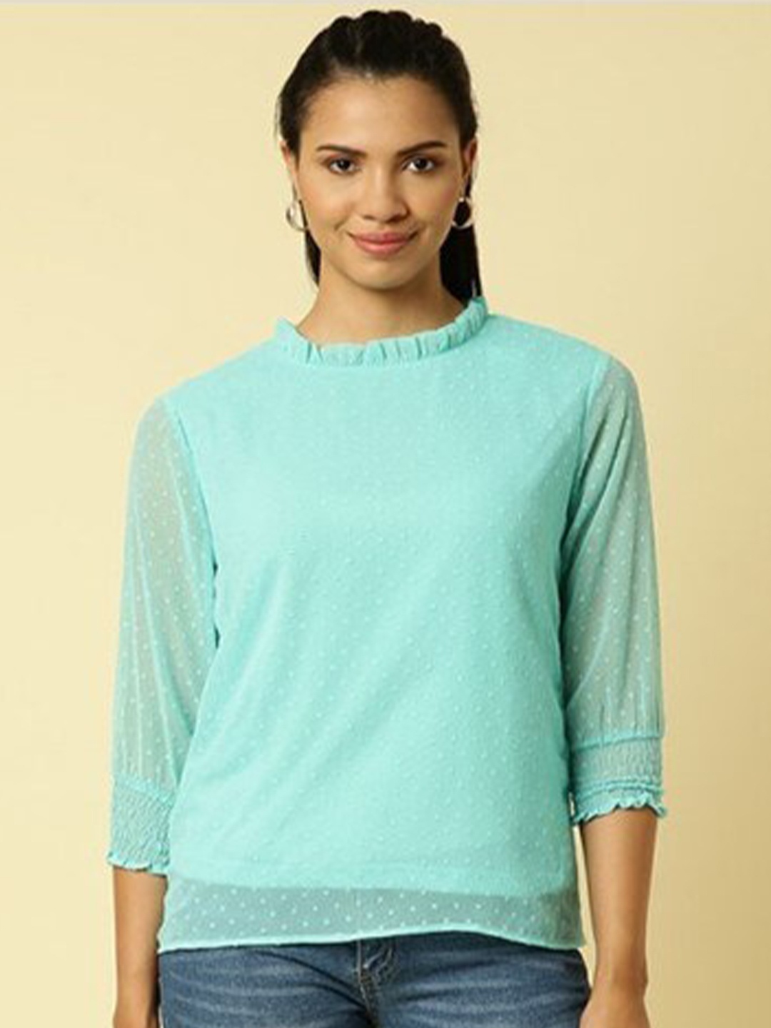 

Aila Self Design High Neck Cuffed Sleeves Cotton Top, Green