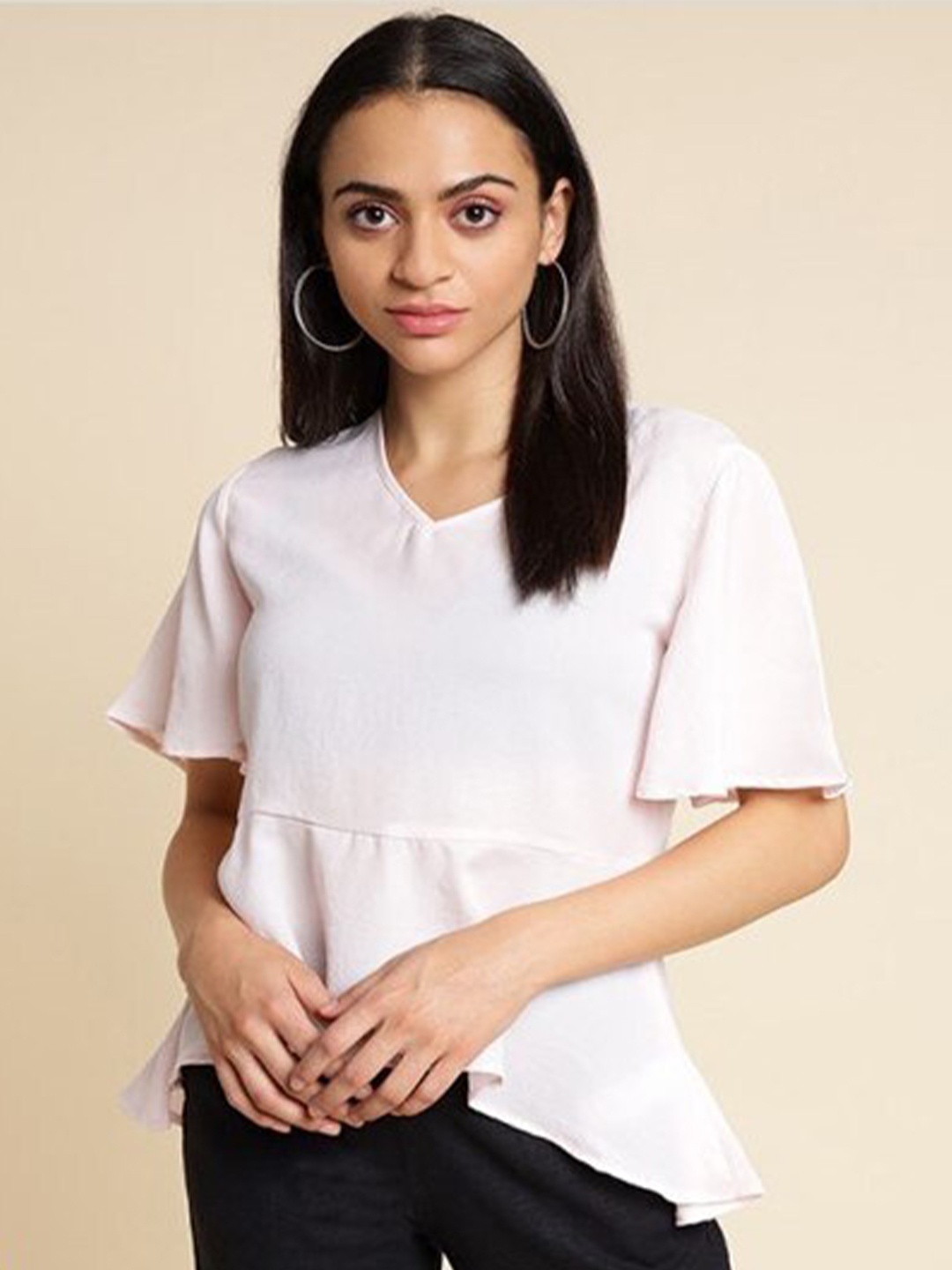 

Aila V-Neck Flared Sleeve Cotton Top, Pink