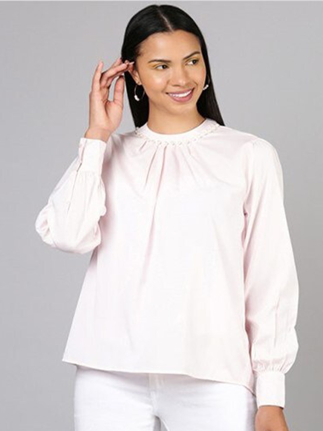 

Aila Cuffed Sleeves Pleated Cotton Top, White