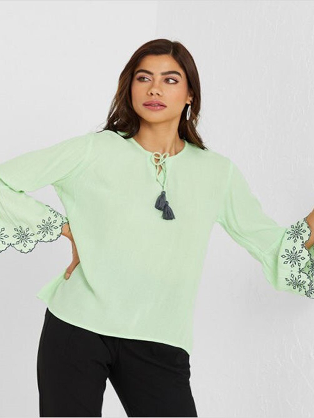 

Aila Tie Up Neck Bell Sleeve Cotton Top, Green