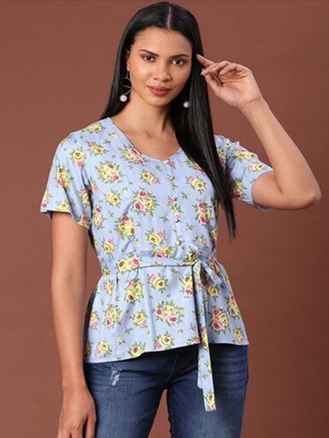 

Aila Floral Printed V-Neck Cotton Top, Blue
