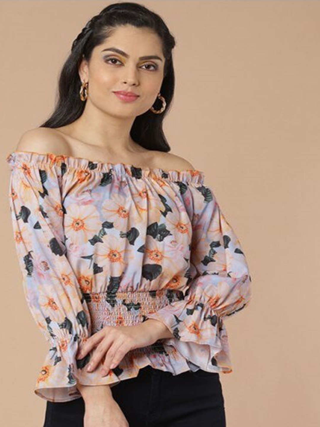 

Aila Floral Printed Off-Shoulder Cotton Bardot Top, Pink