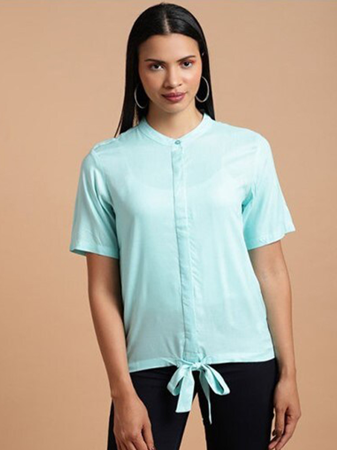 

Aila Band Collar Shirt Style Top, Turquoise blue
